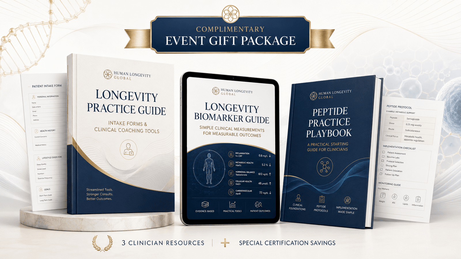 Complimentary ECO Conference Gift Package: Longevity Practice Guide, Longevity Biomarker Guide, and Peptide Practice Playbook