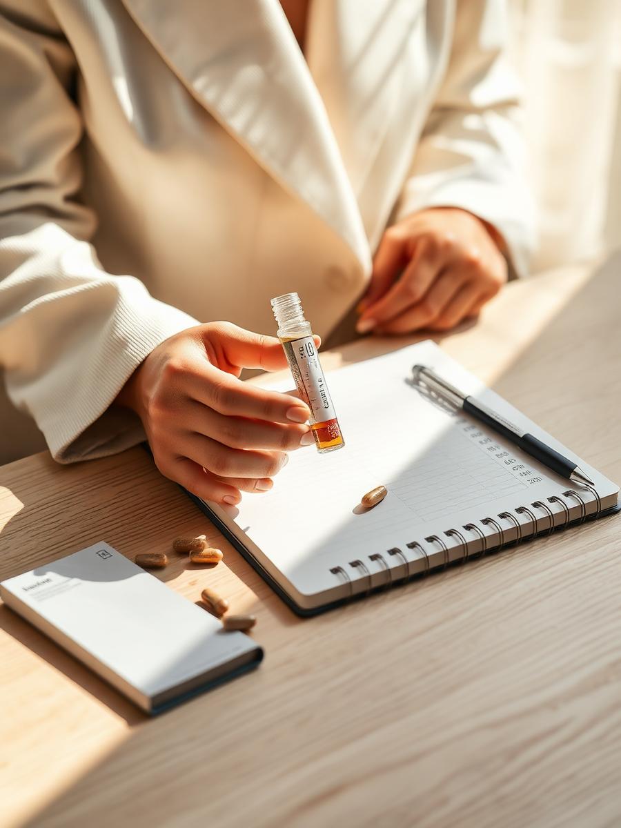 Microbiome test kit, probiotic capsules and clinical notes on a sunlit desk, illustrating Dr. Grace Liu gut focused practice