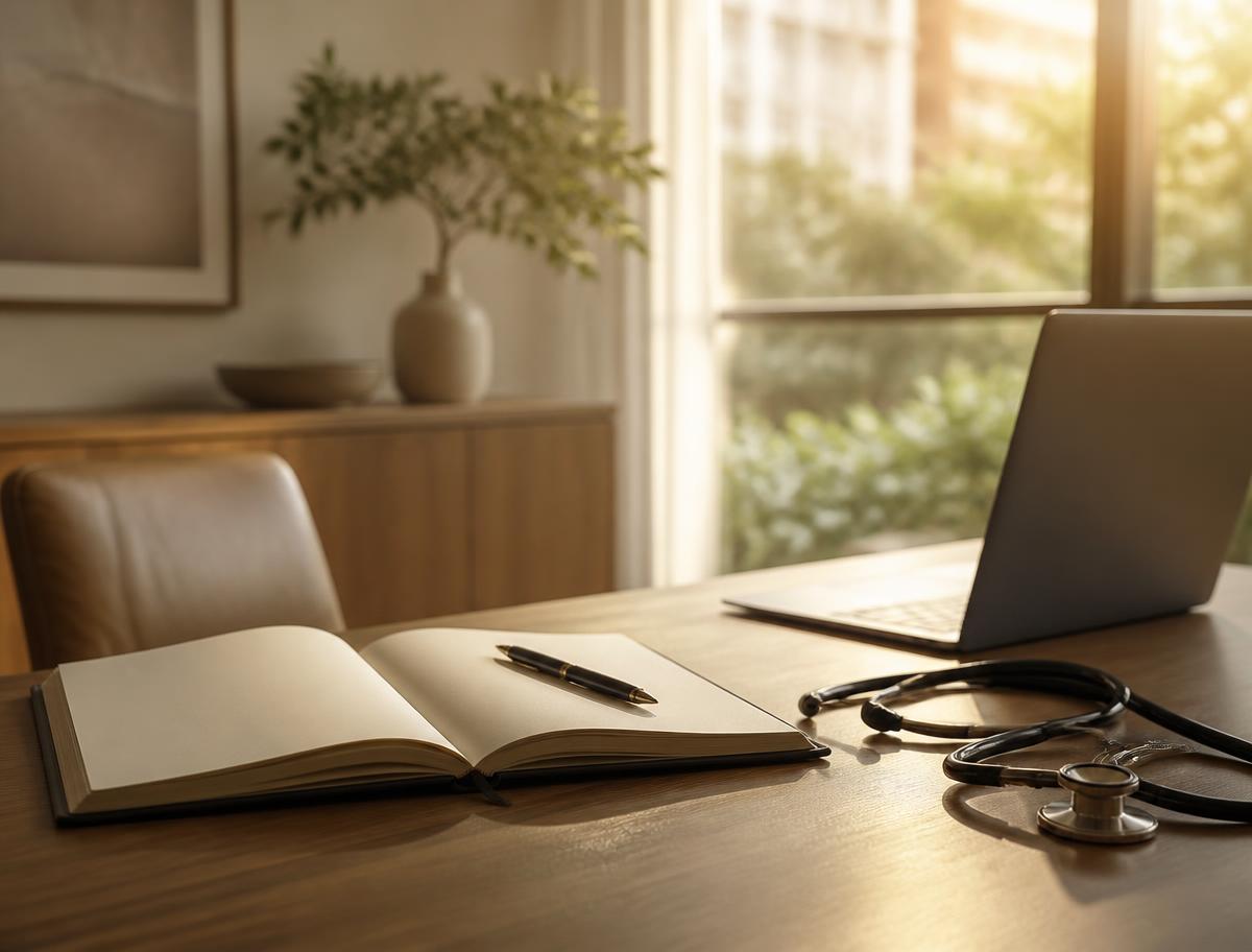 Sunlit clinician's desk with an open notebook, pen, stethoscope and laptop, illustrating Ian Justl Ellis, MD, precision dosing practice