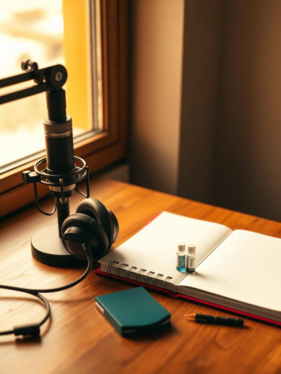 Podcast microphone, headphones and peptide vials on a sunlit desk, illustrating Nathalie Niddam longevity education work