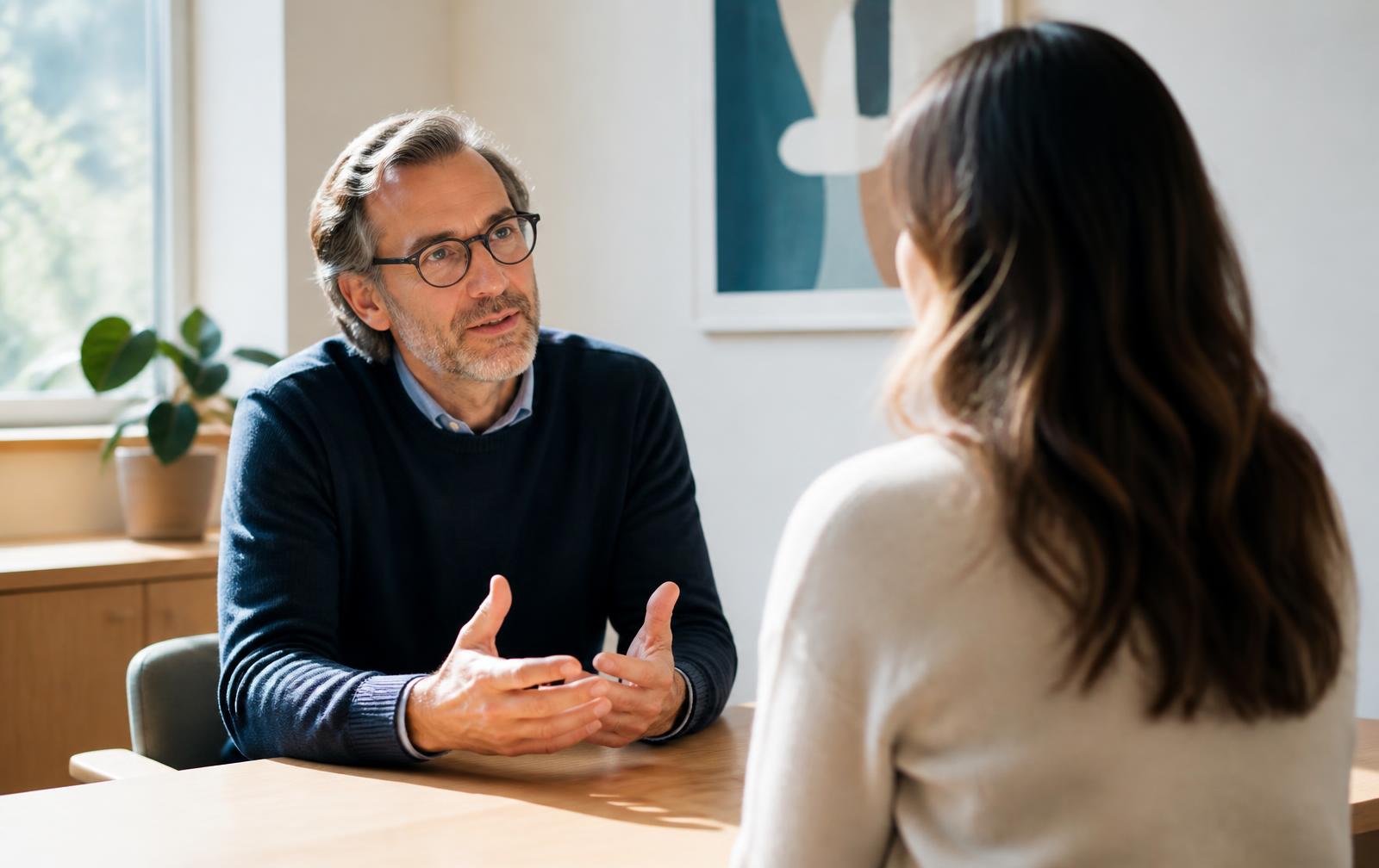 Clinician discussing hormone assessment results with a patient in a bright consultation room