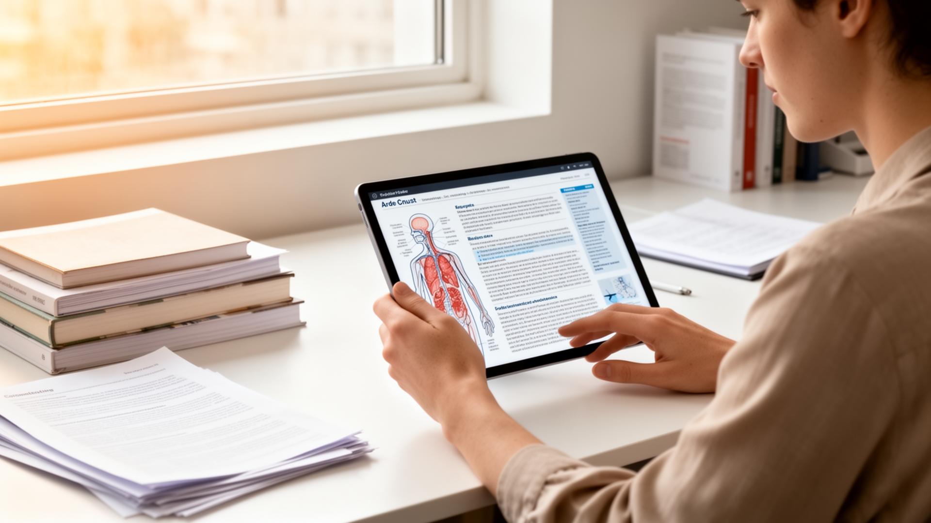 Clinician exploring medical education on tablet