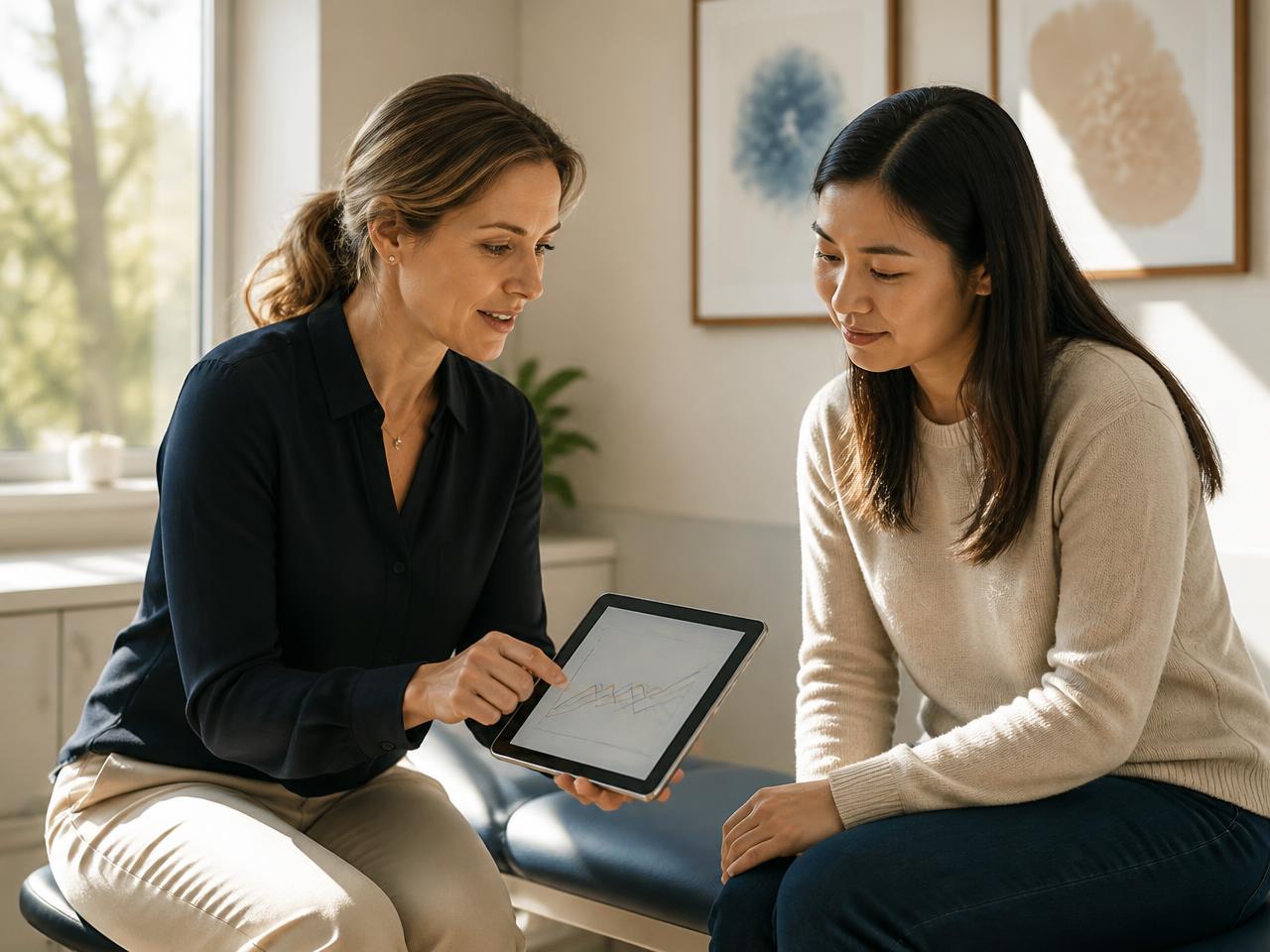 A clinician and a patient reviewing treatment data together in a sunlit consultation room